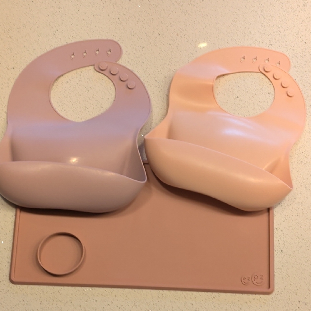 Mushie Silicone Bibs and EZPZ PlaceMat Set - Pink and Purple